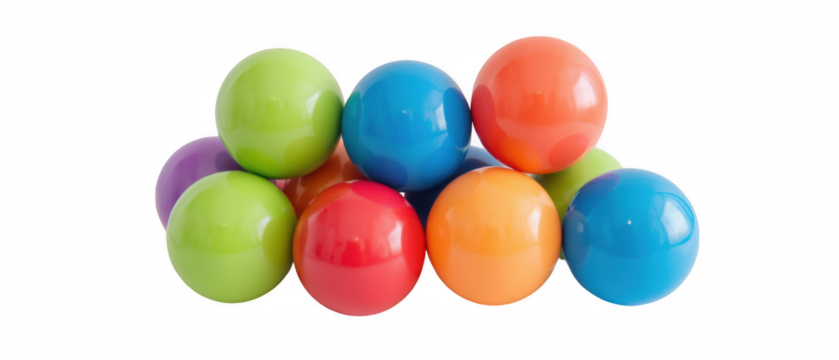 Colorful plastic balls stacked together in playful arrangement, showcasing vibrant hues of red, blue, green, orange, and purple