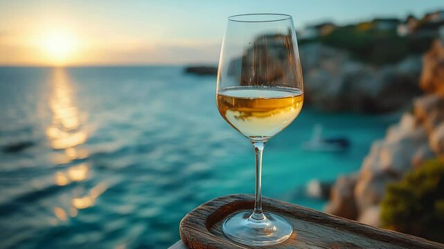 Sunset serenity: elegant wine glass overlooking tranquil coastal horizon. Albari&ntilde;o Day