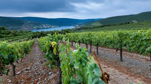 Lush vineyard with grapes overlooking serene lake amid rolling hills under cloudy sky. Albari&ntilde;o Day
