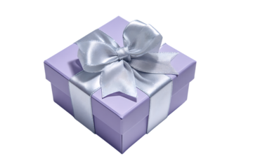 Lavender gift box with silver ribbon. Surprise, present concept.