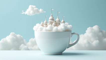 delicate intricate city nestled within white ceramic cup shrouded soft feathery clouds serene blue sky subtle wisps