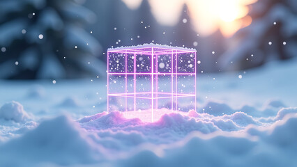 delicate translucent cube grid floats amidst swirling snowflakes neon purple lines piercing serene winter landscape bathed