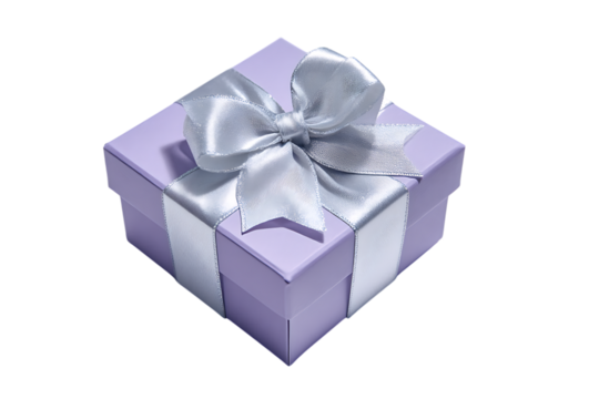 Lavender gift box with silver ribbon. Surprise, present concept.