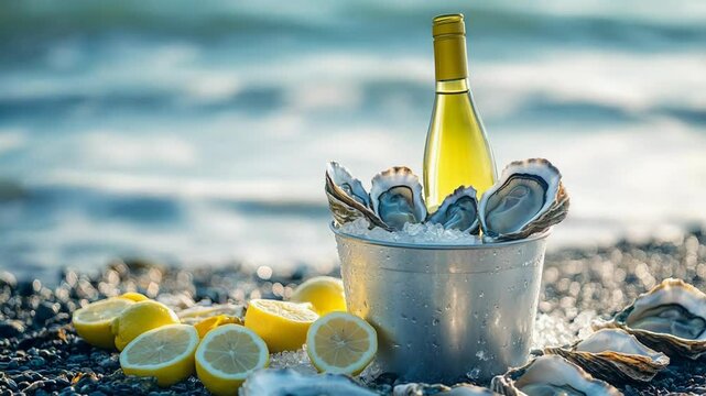 Elegant beachfront wine and oyster spread with lemons in bright sunlight. Albari&ntilde;o Day