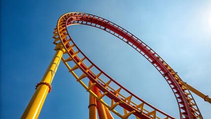 Bright yellow and red roller coaster track against a clear blue sky