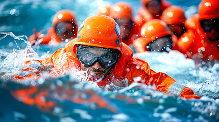 Rescue team in bright orange suits navigating turbulent waters during emergency training exercise