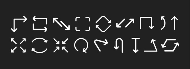 Minimalist white arrow icon set for UI design. Includes rotation, return, expand, shrink, and direction arrows on a dark background. Perfect for interfaces, apps, and web navigation.