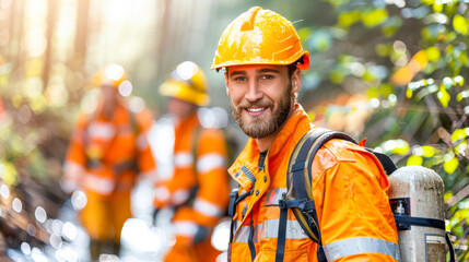 Smiling male worker in bright orange safety gear with colleagues in forested area