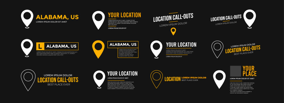 Modern location UI widget set with map pins and text call-outs. Includes location lower thirds, titles, and coordinates layouts. Ideal for maps or location-based video overlays.