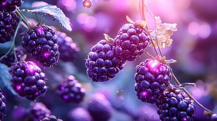Fresh Blackberries Glowing in Soft Purple Light on a Vibrant Background