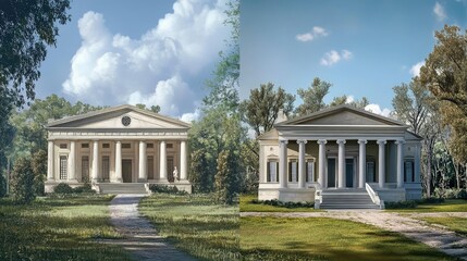 Obraz premium Neoclassical Mansion: Architectural Renderings - Before & After Restoration