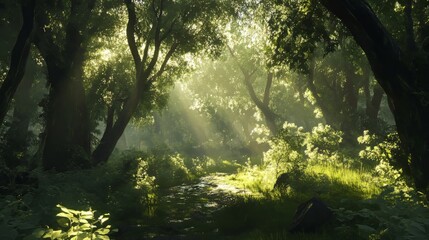 Obraz premium Morning in a tranquil forest with soft light filtering through trees