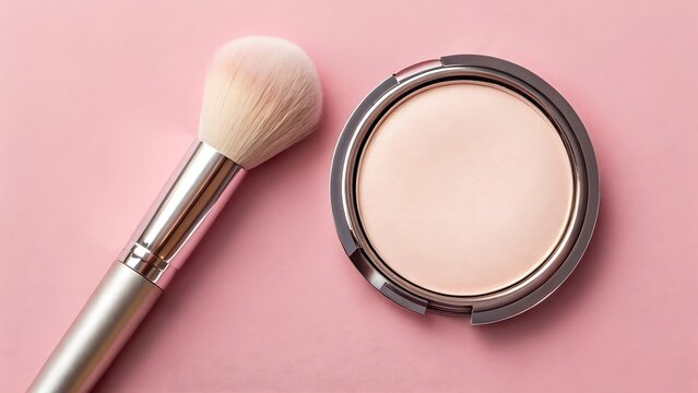 Cosmetic makeup powder compact with a soft fluffy brush on a pink background
