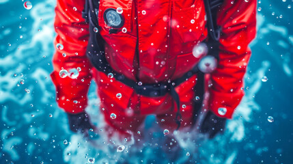 Diver in bright red wetsuit surrounded by water droplets and ocean waves in dynamic scene