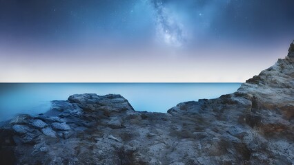 Coastal sunset paints the sky, with waves lapping the shore and rocks framing the vibrant evening landscape