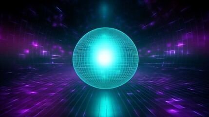 A perfectly spherical digital mesh hovering in dark space, emitting teal and lavender light pulses in every direction.
