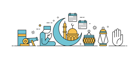 islamic faith symbols collection including prayer, mosque, crescent moon, lantern, telescope, quran, palm gesture and islamic calendar