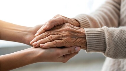 Gentle hands of a younger person holding the wrinkled hands of an elderly person