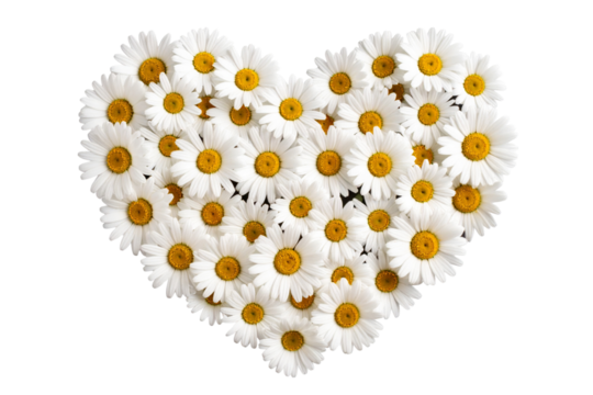 Top View of Multiple Daisies Forming a Heart Shape Pattern, isolated on a transparent background