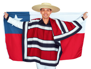 Smiling chilean man wearing traditional blanket and straw hat Chupalla, holding chile flag,...