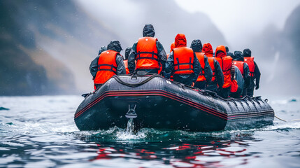 Group of adventurers in orange life jackets on a rubber boat navigating through misty waters