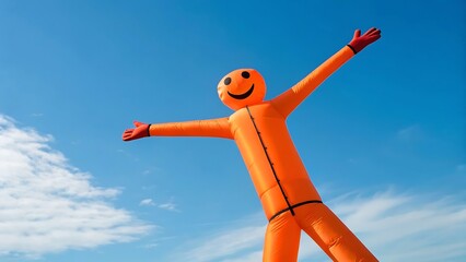 Joyful orange inflatable tube man dancing with arms wide open against a blue sky