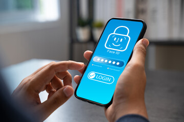 Person using smartphone with facial recognition and virtual password interface, Representing biometric authentication, Secure login, and digital identity protection in modern data security systems.