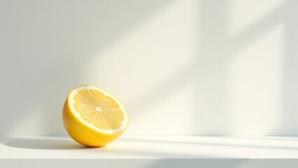 single halved lemon sits atop white table framed soft natural light set textured creamy white wall