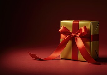 Elegant gold gift box with a red satin ribbon, dramatically lit by a spotlight on a rich red background to symbolize a luxurious special occasion.