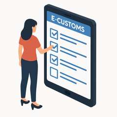 Isometric Woman Interacting E Customs Digital Checklist Form on Tablet Illustration. white background
