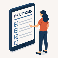 Isometric Woman Interacting E Customs Digital Checklist Form on Tablet Illustration. white background
