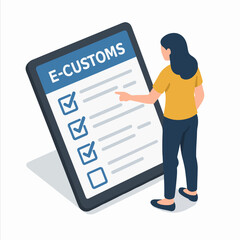 Isometric Woman Interacting E Customs Digital Checklist Form on Tablet Illustration. white background
