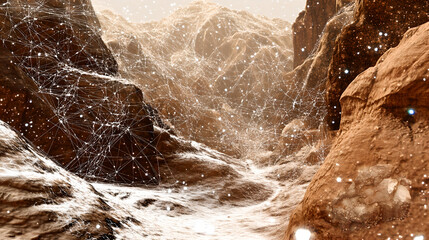 Obraz premium Martian landscape featuring crystalline web structures glowing under the low sun, resembling diamond networks.