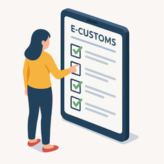 Isometric Woman Interacting E Customs Digital Checklist Form on Tablet Illustration. white background
