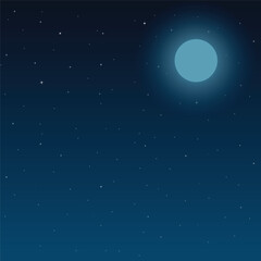 Dark night sky cartoon background with full moon and stars vector illustration