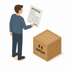 Isometric Detailed Man Checking Invoice Documents Inside Wooden Crate Illustration. white background