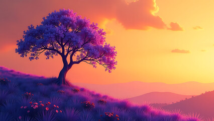 vibrant mosaic purple tree warm orange hues melting sky gentle curve serene landscape edge bathed soft
