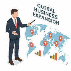 Flat Style Man Presenting Global Business Expansion on World Map Illustration. white background