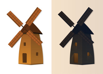 Windmill fan day ang night clip art, cartoon old style wind mill buildings, vector village wooden tower
