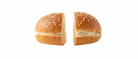 Fresh sesame seed bun, sliced in half, showcasing soft texture and golden color, perfect for sandwiches or burgers