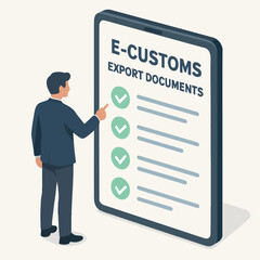 Isometric Flat Illustration Export Document on Tablet with Man Character. white background
