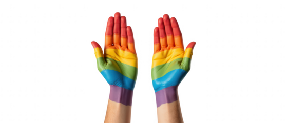 Colorful hands painted with rainbow stripes symbolize diversity and inclusion, showcasing vibrant expression of love and acceptance