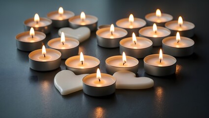 Heartfelt Candlelight: A romantic arrangement of burning tea light candles forms a heart shape, surrounded by delicate white heart-shaped decorations, creating a warm and inviting ambiance.