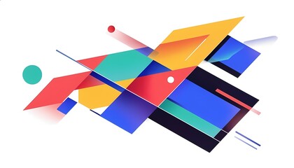 Bold abstract composition of overlapping colorful shapes and lines