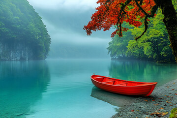 Turquoise lake shore w/ red boat, misty green mountain backdrop & red-orange autumn foliage in foreground