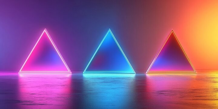Three vibrant neon triangles glow against a dark, reflective surface, perfect for websites or blogs on technology, gaming, or modern art themes.

