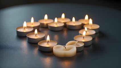 Circle of Light: Tealight candles flicker softly in a circular formation, radiating warmth and creating a serene ambiance of peaceful reflection in the twilight.