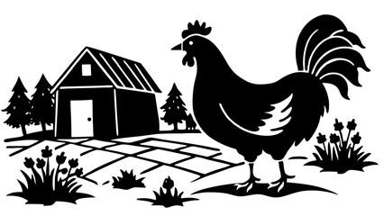 Rooster Sitting on the Fence Near the Barn
