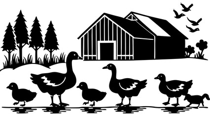 Farmer and Dog Walking in the Yard at Sunset