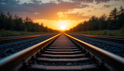 Fototapeta premium Endless Train Tracks Towards a Fiery Sunset Horizon